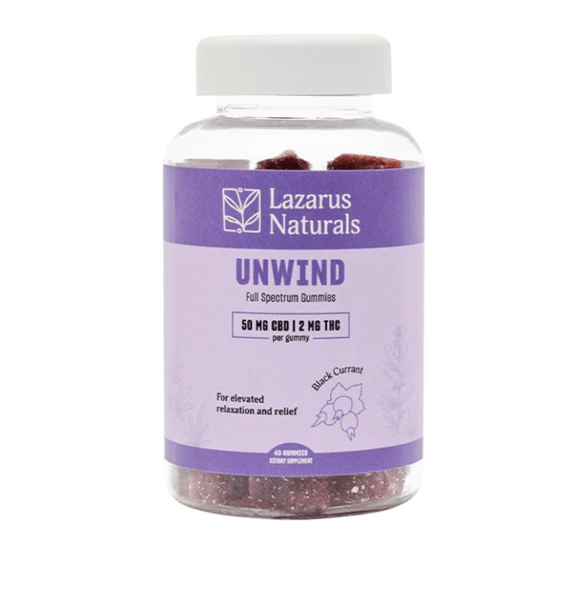 Delta 8 UNWIND FULL SPECTRUM CBD + THC GUMMIES – BLACK CURRANT – LAZARUS NATURALS