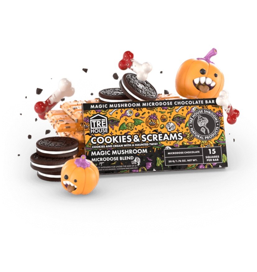 Delta 8 COOKIES & SCREAMS MAGIC MUSHROOM CHOCOLATE BAR – TRĒ HOUSE