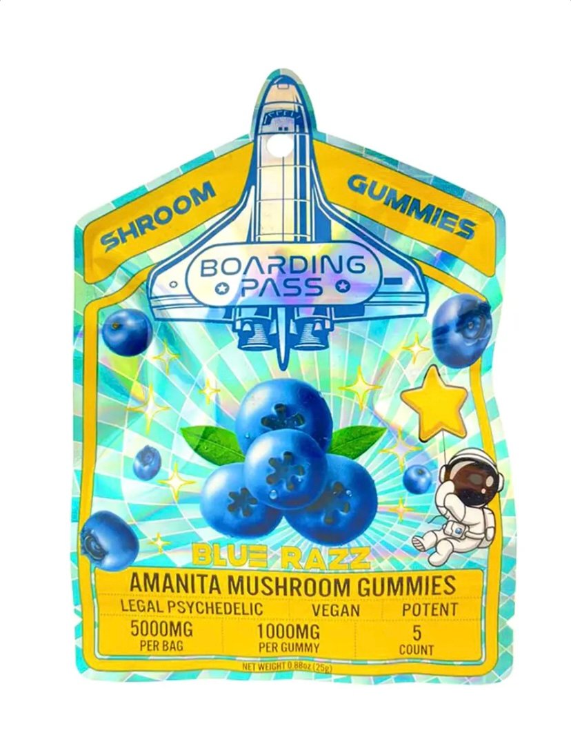 Magic Mushrooms Blue Razz Boarding Pass Amanita Shroom Gummies 1000mg